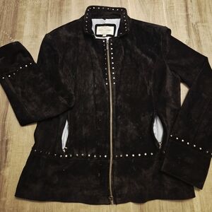 Women’s Black Suede Stud-Accent Zip Jacket